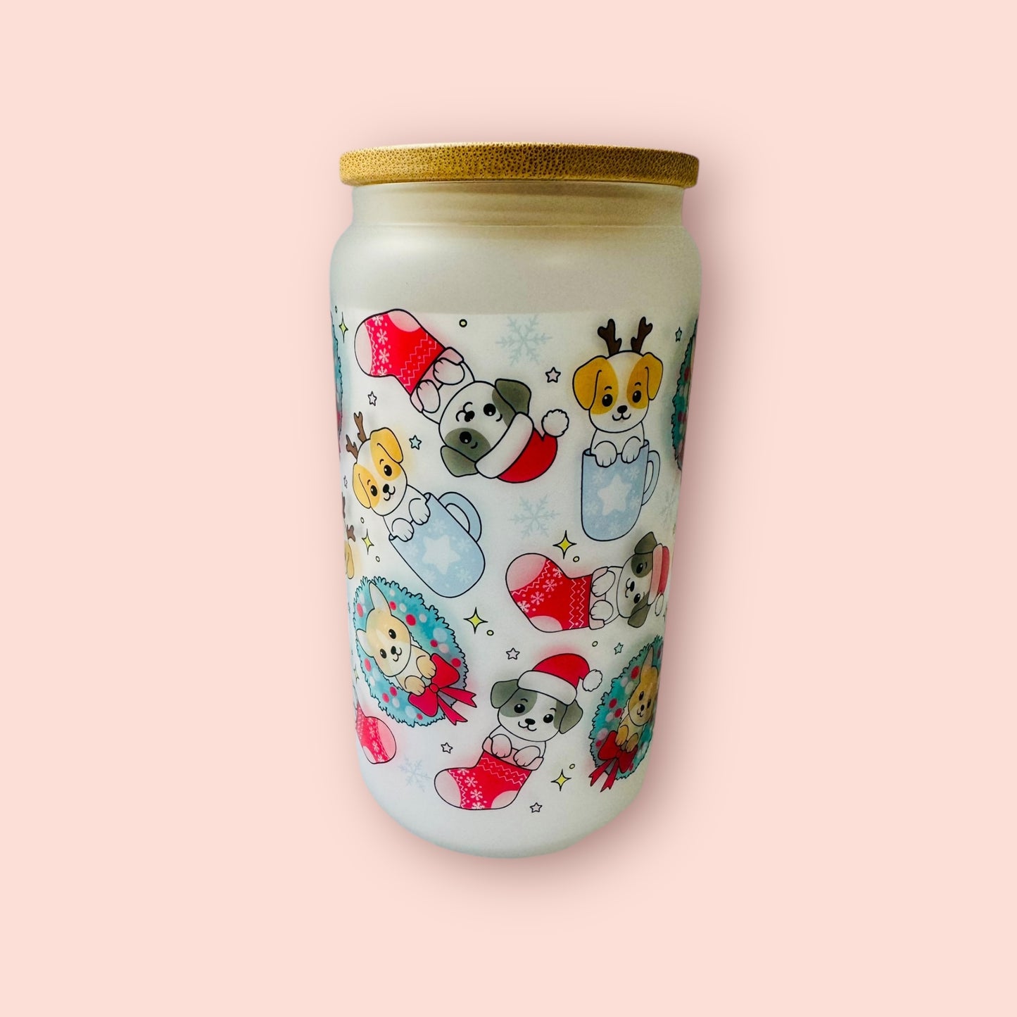 Glass cup- sublimated doggy Christmas