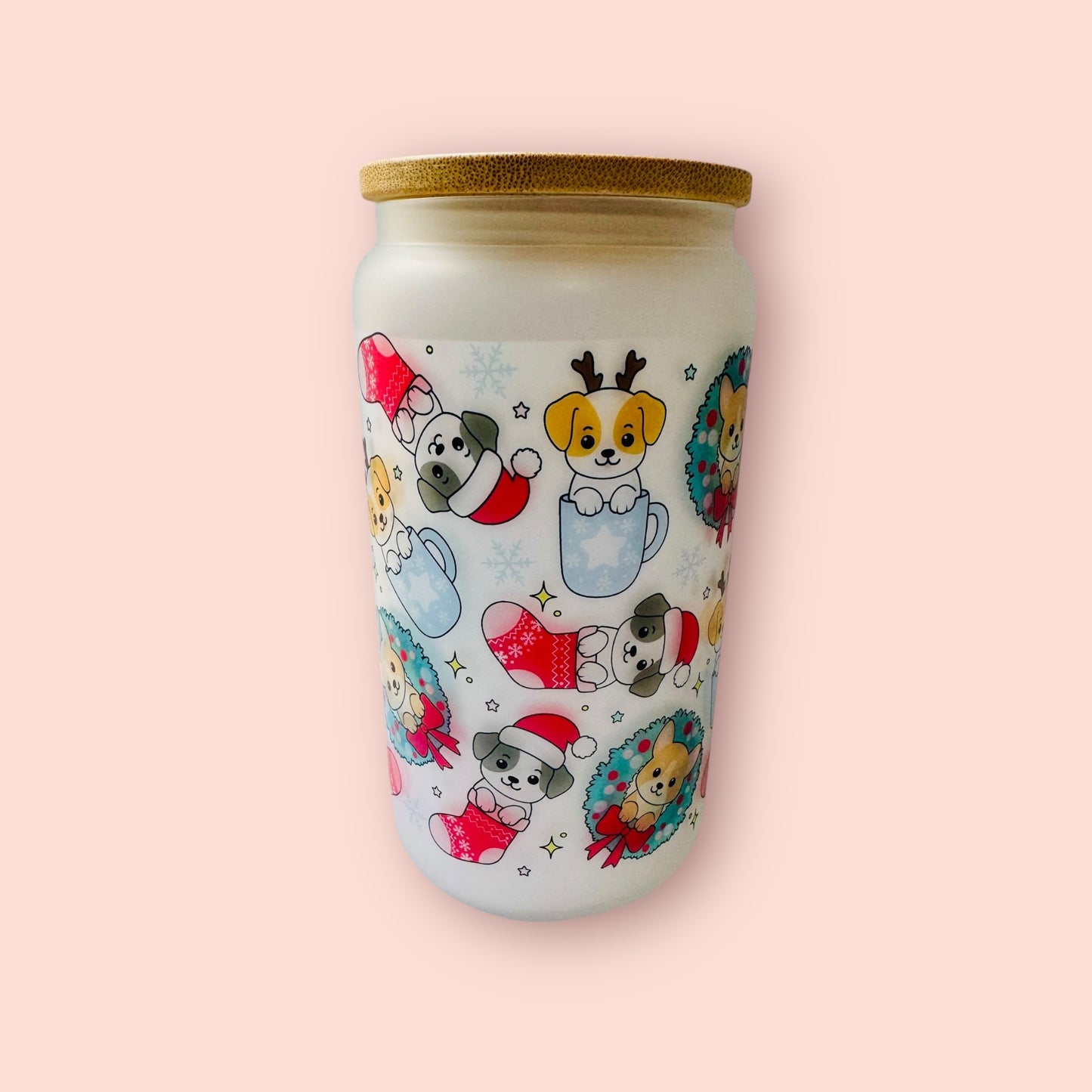 Glass cup- sublimated doggy Christmas
