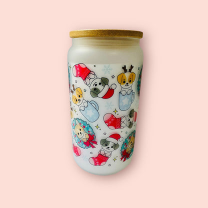 Glass cup- sublimated doggy Christmas