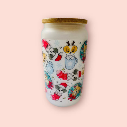 Glass cup- sublimated doggy Christmas
